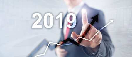 New year 2019 Financial growth graph on blurry business background.の写真素材