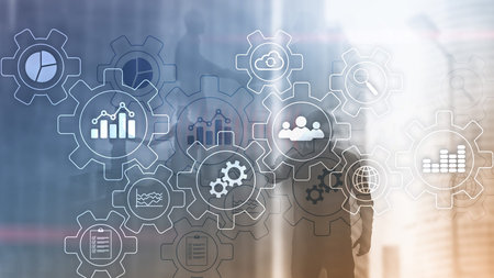 Business process abstract diagram with gears and icons. Workflow and automation technology concept.の写真素材