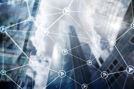 Wifi network on blurred business center background.の写真素材