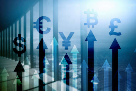Double exposure business and financial concept. Currency growth arrows. Stock trading and forex.の写真素材