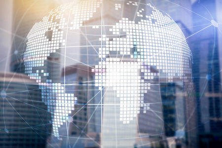 3D Earth hologram on blurred background.Global business and communication concept.の写真素材