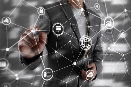 ICT - information and telecommunication technology and IOT - internet of things concepts. Diagrams with icons on server room backgrounds.の写真素材