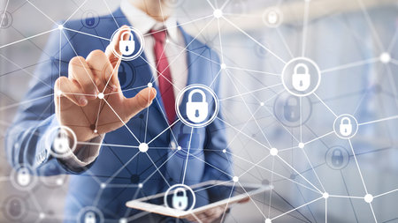 Cyber security, information privacy, data protection concept on modern server room background....