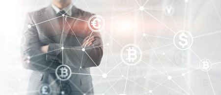 Double exposure Bitcoin and blockchain concept. Digital economy and currency trading.