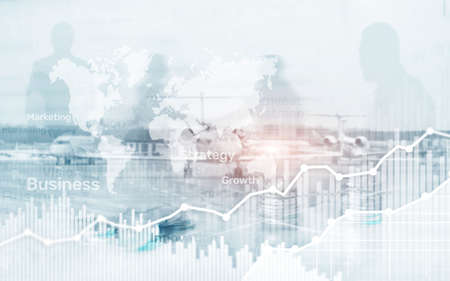 World wide map on abstract business background, coins and calculator double exposure graph, chart and diagram.の写真素材