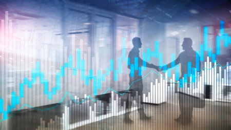 Stock trading candlestick chart and diagrams on blurred office center background.の写真素材