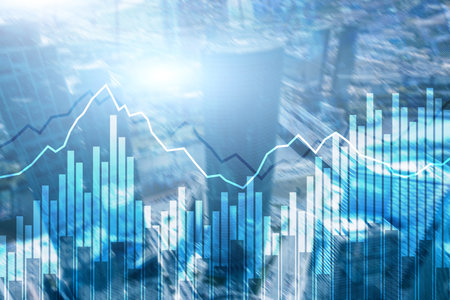 Double exposure Financial graphs and diagrams. Business, economics and investment concept.の写真素材