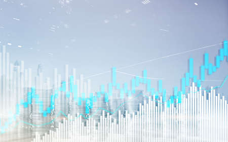 Stock trading candlestick chart and diagrams. Abstract double exposure finance background.の写真素材