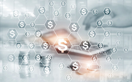 Dollars icons on abstract business background. Investment concept. Coins airplane calculator on...