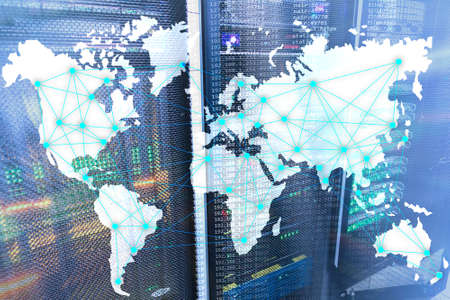 Internet and telecommunication concept with world map on server room background.