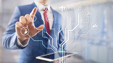 Business applications icons on blurred background. Financial and trading. Internet technology...