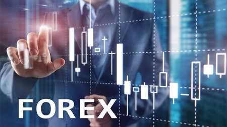 Forex trading, financial candle chart and graphs on blurred business center backgroundの写真素材