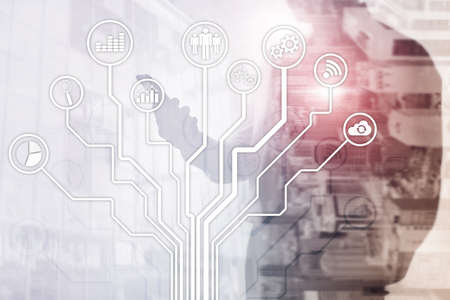 Business applications icons on blurred background. Financial and trading. Internet technology...