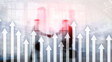 Up arrow graph on skyscraper background. Invesment and financial growth concept.