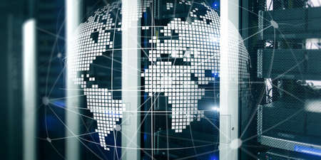 Futuristic modern data center with Holographic 3d planet earth Technology Banner. Telecommunication...