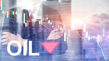 Oil trend down. Candle graph chart Oil barrels and a financial chart on abstract business background. Price oil down. Barrel arrow downの写真素材