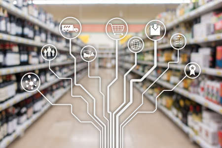 Retail concept marketing channels E-commerce Shopping automation on blurred supermarket background.の写真素材