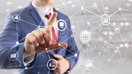 ICT - information and telecommunication technology and IOT - internet of things concepts. Diagrams with icons on server room backgroundsの写真素材