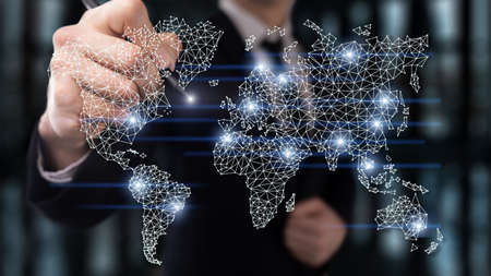 Global World Map Double Exposure Network. Telecommunication, International business Internet and...