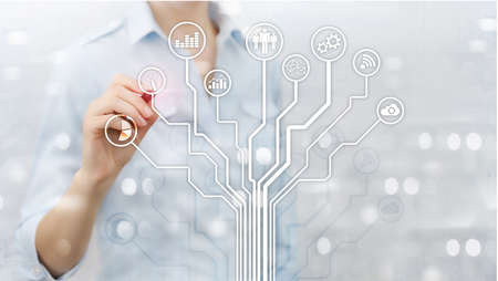 Business applications icons on blurred background. Financial and trading. Internet technology conceptの写真素材