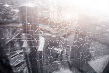 Gears concept on modern skyscrapers in business district. Universal Technology Backgroundの写真素材