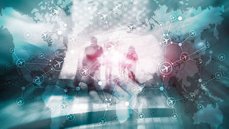 Global Aviation Directions. Air Travel Business background mixed media.の写真素材