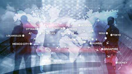 Aviation wallpaper with planes over the map with major city names. Digital map with planes around...