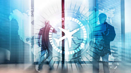 Airplane icon on virtual screen. Airplane transportation route network concept. Business Travel Backgroundの写真素材