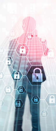 Vertical Panorama Banner. Cybersecurity, Information privacy, data protection, virus and spyware defenseの写真素材