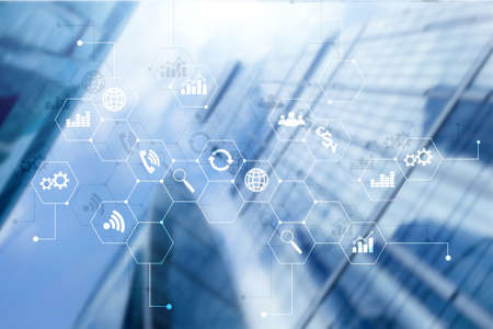 Double exposure mixed media. Diagrams and icons on hologram screen. Business people and modern city...