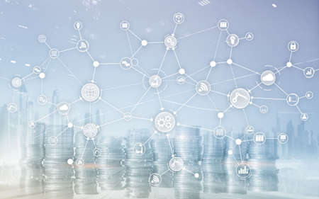 Industrial business process workflow organisation structure on virtual screen. IOT Technology smart...