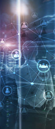 Vertical Panorama Banner. Double exposure people network structure HR - Human resources management and recruitment conceptの写真素材