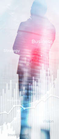 Vertical Panorama Banner. Business abstract background double exposure graph, chart and diagram. World wide map and. Global business and financial trading conceptの写真素材