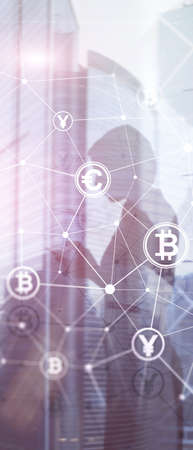 Vertical Panorama Banner. Double exposure Bitcoin and blockchain concept. Digital economy and...
