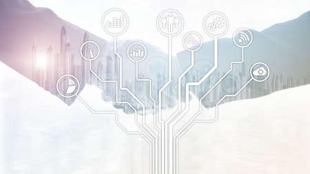 Business applications icons on blurred background. Financial and trading. Internet technology...