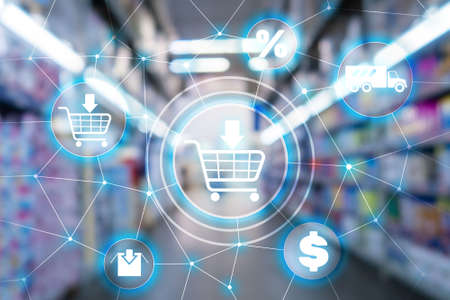 Shopping cart Ecommerce Marketing channel distribution concept on supermarket background.の写真素材