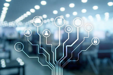 Telecommunication and IOT concept on blurred business center background