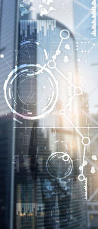 Vertical Panorama Banner. Business interface mixed media double exposure financial chart graph diagram and icon on virtual screen. Innovation concept.の写真素材