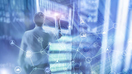 Double exposure Business organization structure on blurred background.