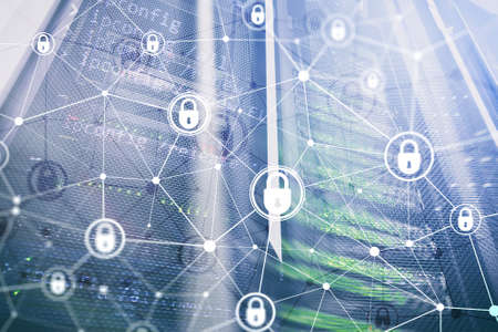 Cyber security, information privacy, data protection concept on modern server room background....