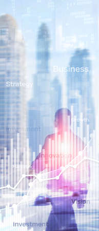 Vertical Panorama Banner. Business abstract background double exposure graph, chart and diagram....