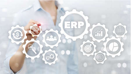 ERP system, Enterprise resource planning on blurred background. Business automation and innovation concept.の写真素材