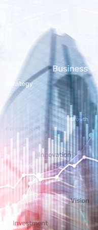 Vertical Panorama Banner. Business abstract background double exposure graph, chart and diagram. World wide map and. Global business and financial trading concept.の写真素材