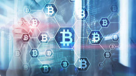 Bitcoin, Blockchain concept on server room background.