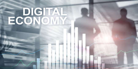 Digital Economy text on abstract futuristic city background. Mixed Mediaの写真素材