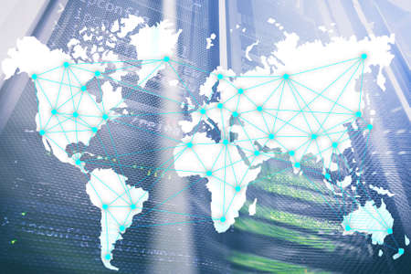 Internet and telecommunication concept with world map on server room background.