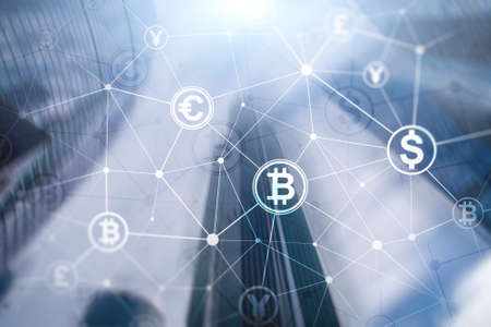 Double exposure Bitcoin and blockchain concept. Digital economy and currency trading.の写真素材