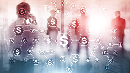 Dollars icons, money network structure. ICO, trading and investment Crowdfunding