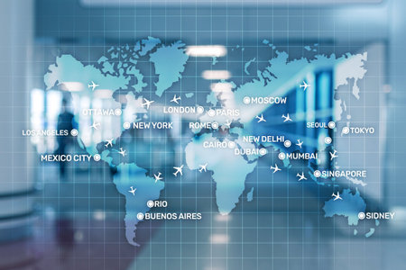 Aviation wallpaper with planes over the map with major city names. Digital map with planes around...