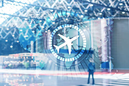 Airplane icon on virtual screen. Airplane transportation route network concept. Business Travel Background.の写真素材